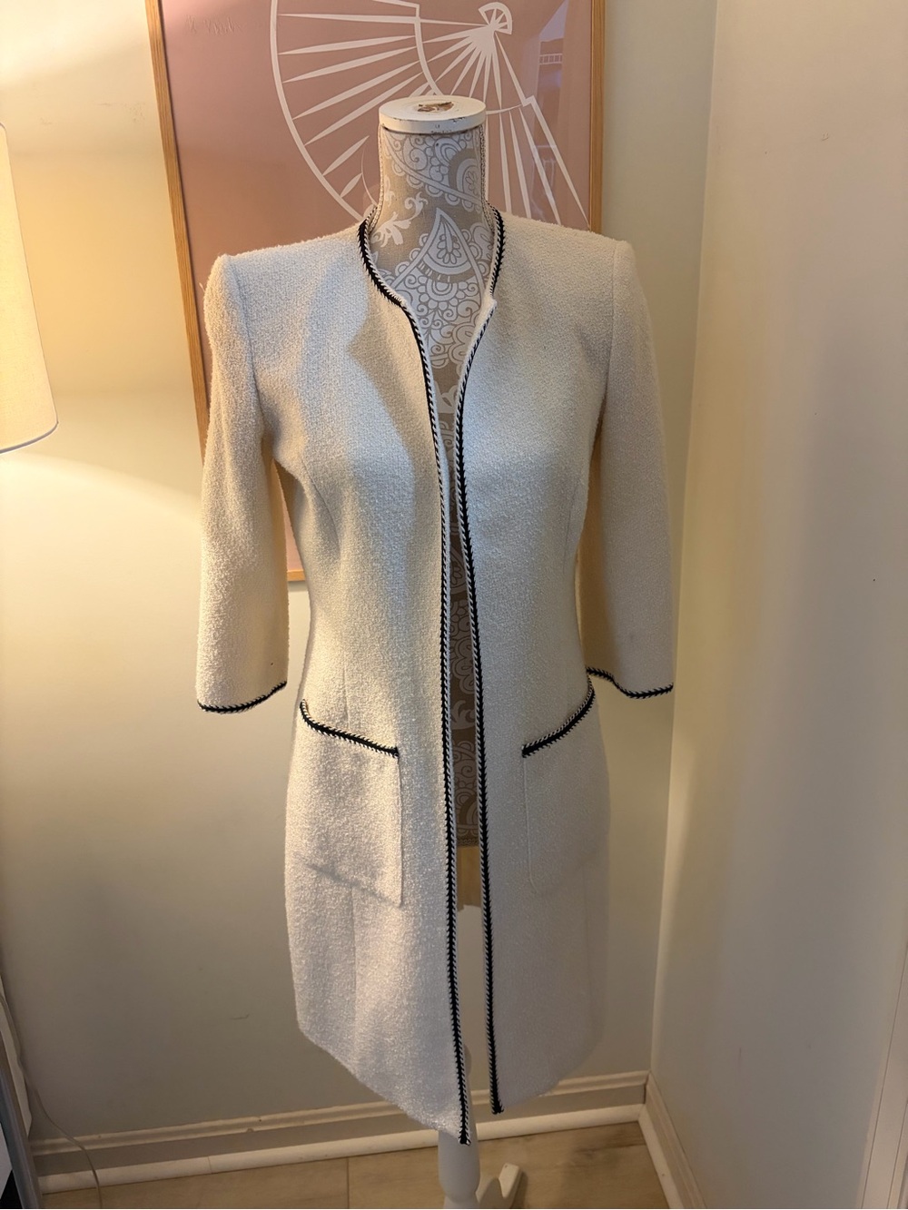 Moda International Cream Bouclé Long Open Jacket with Black Trim Accents